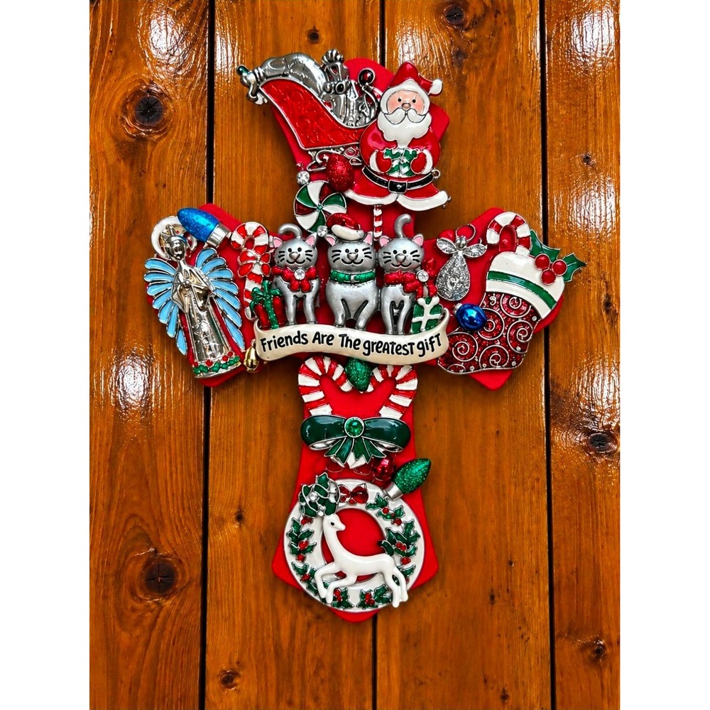 Christmas Brooch Cross Friends Are The Greatest Gift Holiday Jewelry Collage 7"